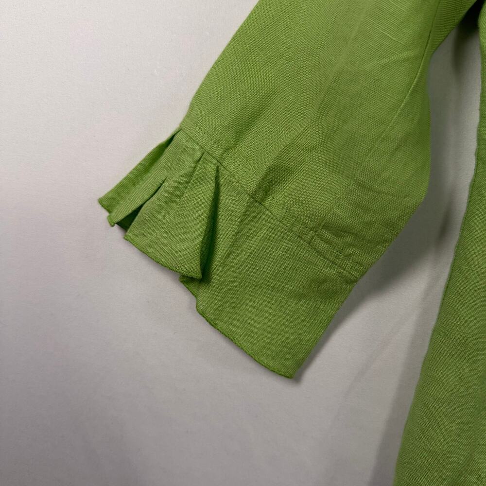 Talbots Women’s 2 Petite Irish Linen Blouse Green Ruffled Sleeves Button Up EUC - Picture 8 of 8